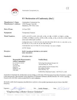 CE DECLARATION - ACI Temperature Sensors