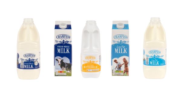 Range of Champion Milk blue and white cartons