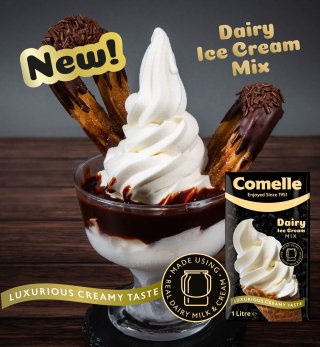 Pack of Comelle Dairy Ice Cream Mix 1L next to a serving suggestion of a sundae made with Comelle Dairy soft serve ice ream, with churros and chocolate sauce. Text: 