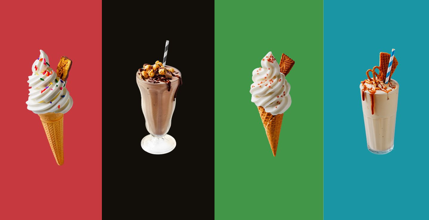 Multicoloured collage of comelle ice cream as whipped cones and milkshakes