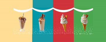 Range of comelle cones and milkshakes on a multicoloured background