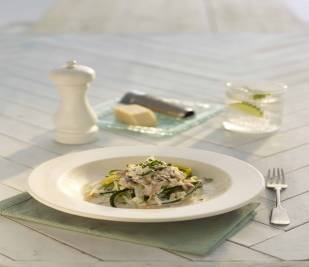 Courgette carbonara on a plate, made with Lakeland Dairies products