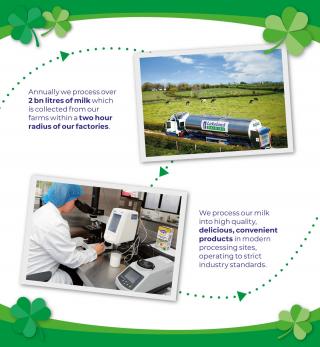 Collage for Celebrate Green campaign, showing images Lakeland Dairies truck driving through Irish green pastures, and Lakeland Dairies R&D team at work