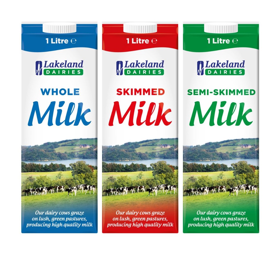 whole, skimmed and semi-skimmed milk cartons in blue, red and green branding