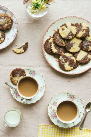 Plate of marbled chocolate and vanilla shortbread biscuits made with Ballyrashane butter