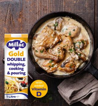 A creamy chicken dish with image of 1L Millac Gold Double on the side with 'added Vitamin D' call-out