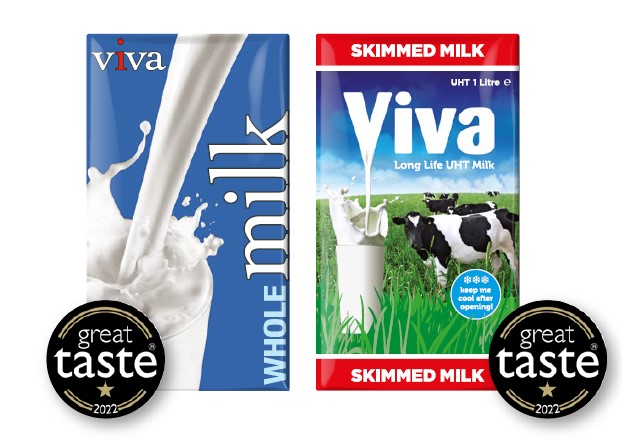 VIVA whole and skim milk cartons in blue and red branding
