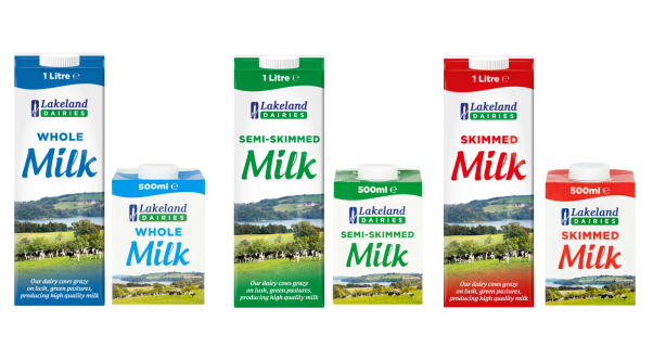 Whole milk, semi-skimmed and skimmed milk in blue, green and red cartons