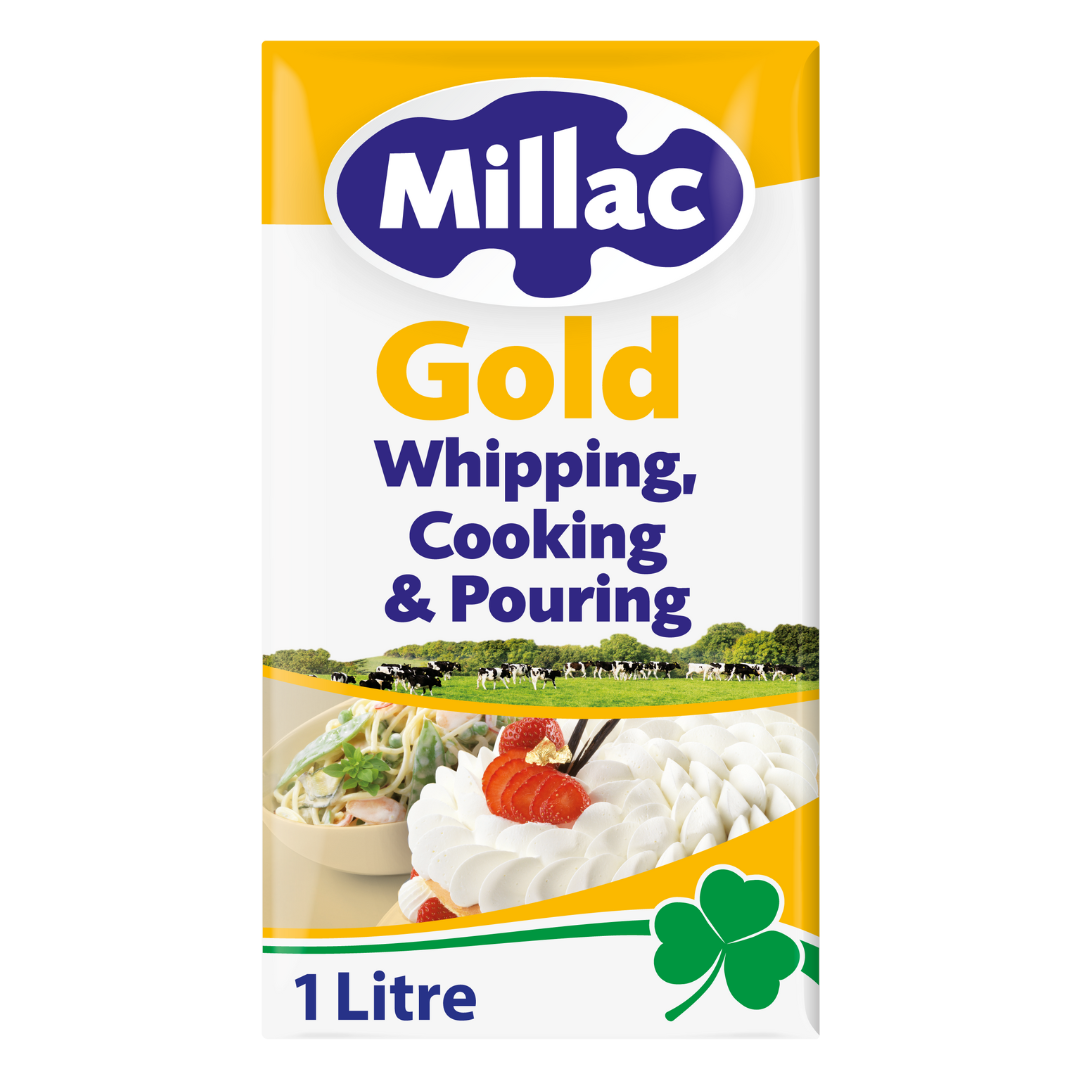 Millac gold whipping cream carton in yellow and gold packaging