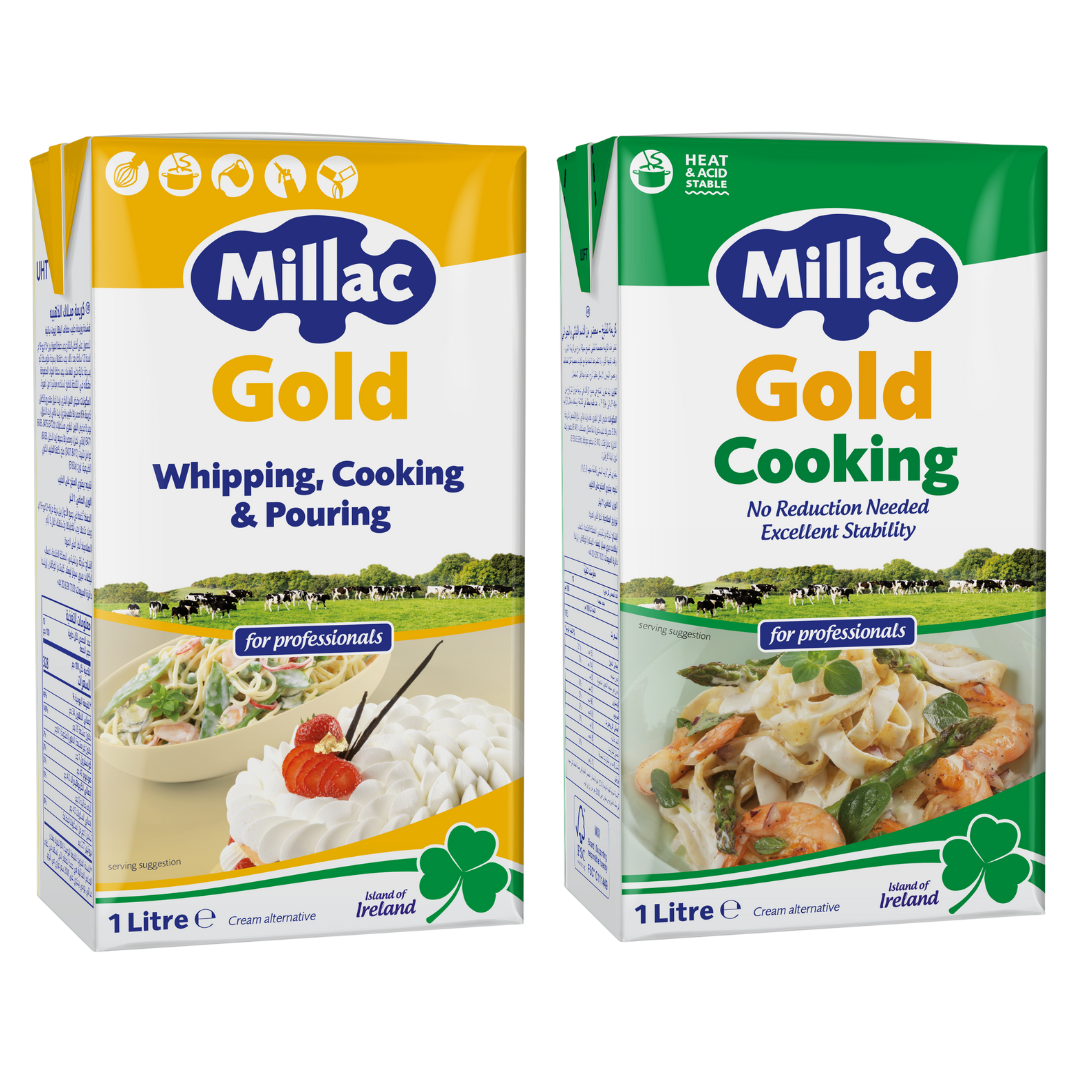 2 Millac Gold cooking cream cartons in gold and white, and green and white packaging